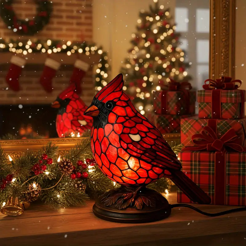 Cardinal Bird Stained Glass Accent Lamp – Warm LED Resin Light for Mantel & Bedside