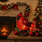 Cardinal Bird Stained Glass Accent Lamp – Warm LED Resin Light for Mantel & Bedside