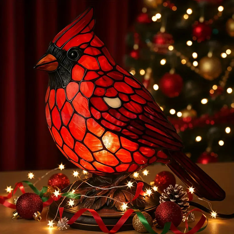Cardinal Bird Stained Glass Accent Lamp – Warm LED Resin Light for Mantel & Bedside