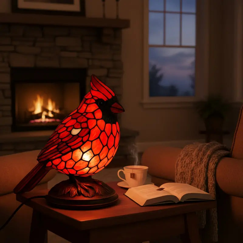 Cardinal Bird Stained Glass Accent Lamp – Warm LED Resin Light for Mantel & Bedside