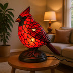Cardinal Bird Stained Glass Accent Lamp – Warm LED Resin Light for Mantel & Bedside