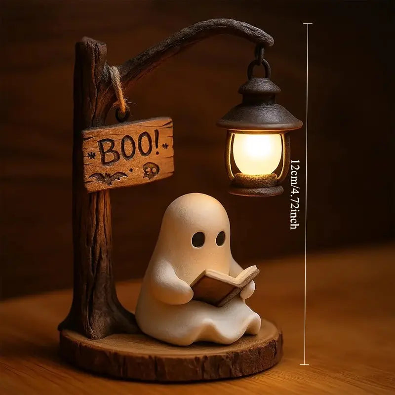 Reading Ghost LED Night Light – Resin Figure Lamp with Warm Lantern Glow & USB Power