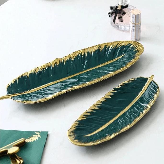 Leaf-Shaped Ceramic Platter with Gold Rim – Hand-Painted Serving & Jewelry Tray