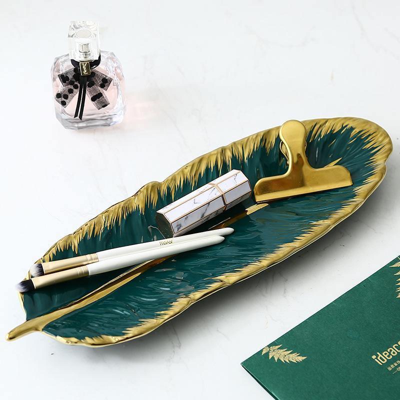 Leaf-Shaped Ceramic Platter with Gold Rim – Hand-Painted Serving & Jewelry Tray