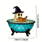 Cozy Ghost with Jack-o'-Lantern LED Lamp – Stained Glass Style Resin Halloween Decor