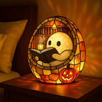 Cozy Ghost with Jack-o'-Lantern LED Lamp – Stained Glass Style Resin Halloween Decor