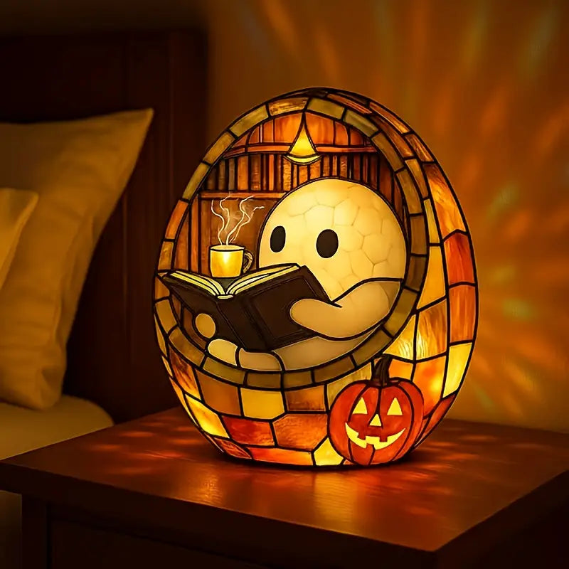 Cozy Ghost with Jack-o'-Lantern LED Lamp – Stained Glass Style Resin Halloween Decor