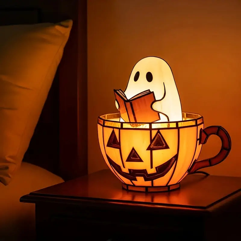 Cozy Ghost with Jack-o'-Lantern LED Lamp – Stained Glass Style Resin Halloween Decor