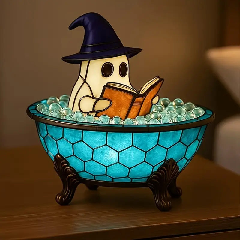 Cozy Ghost with Jack-o'-Lantern LED Lamp – Stained Glass Style Resin Halloween Decor
