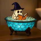 Cozy Ghost with Jack-o'-Lantern LED Lamp – Stained Glass Style Resin Halloween Decor
