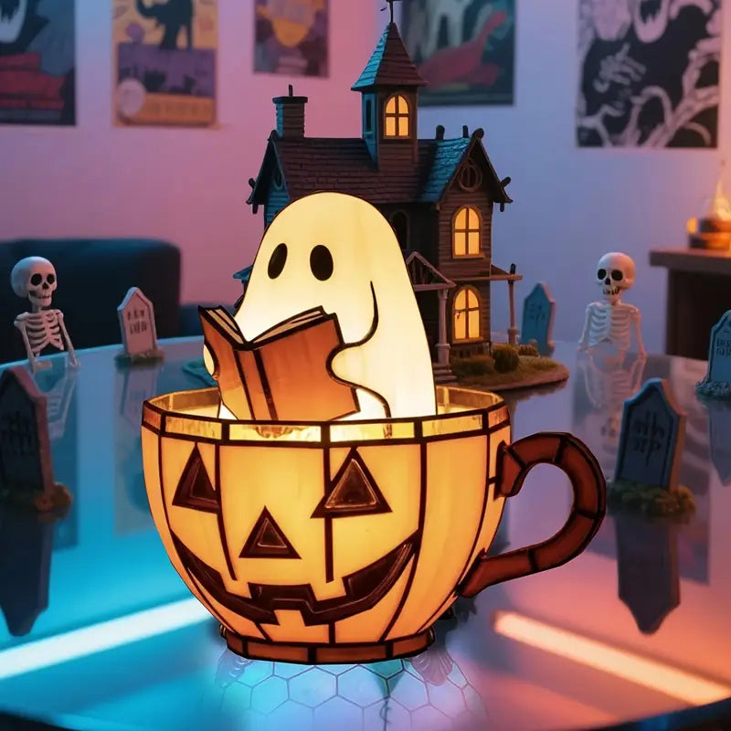 Cozy Ghost with Jack-o'-Lantern LED Lamp – Stained Glass Style Resin Halloween Decor