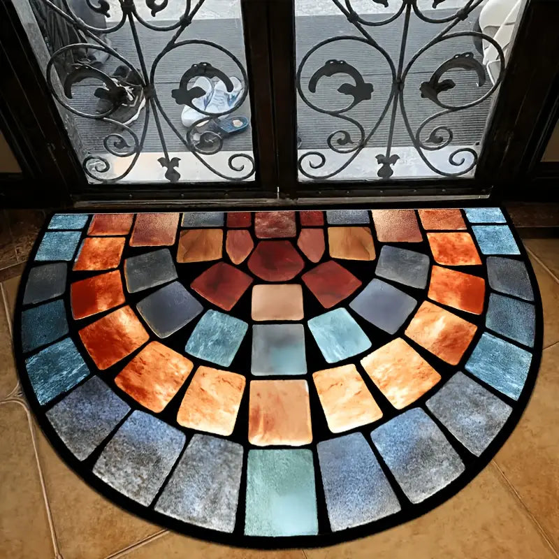 Boho Mosaic Half-Moon Rug – Soft Polyester Entryway Mat with Non-Slip Backing