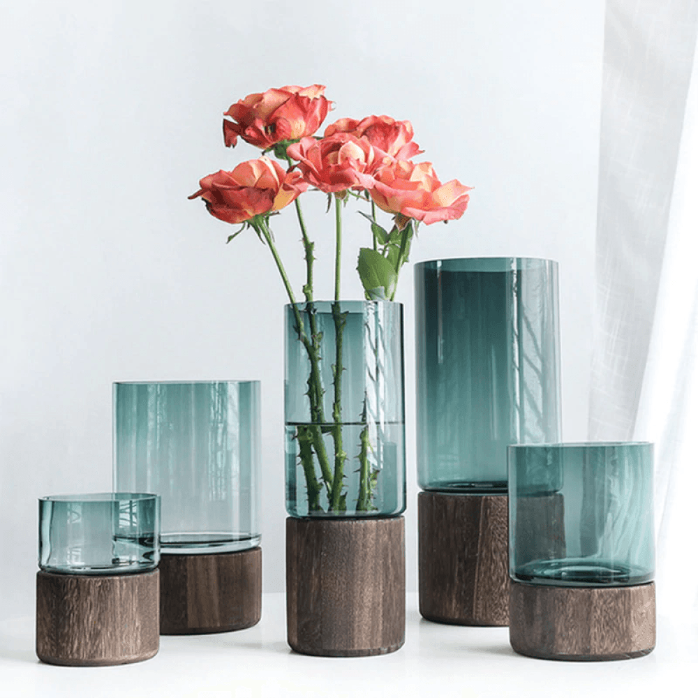 Wooden Base Glass Vase – Modern Tabletop Flower Display in Green or Clear