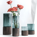 Wooden Base Glass Vase – Modern Tabletop Flower Display in Green or Clear