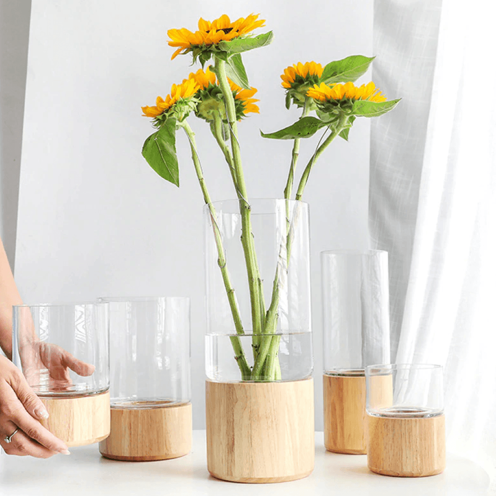 Wooden Base Glass Vase – Modern Tabletop Flower Display in Green or Clear