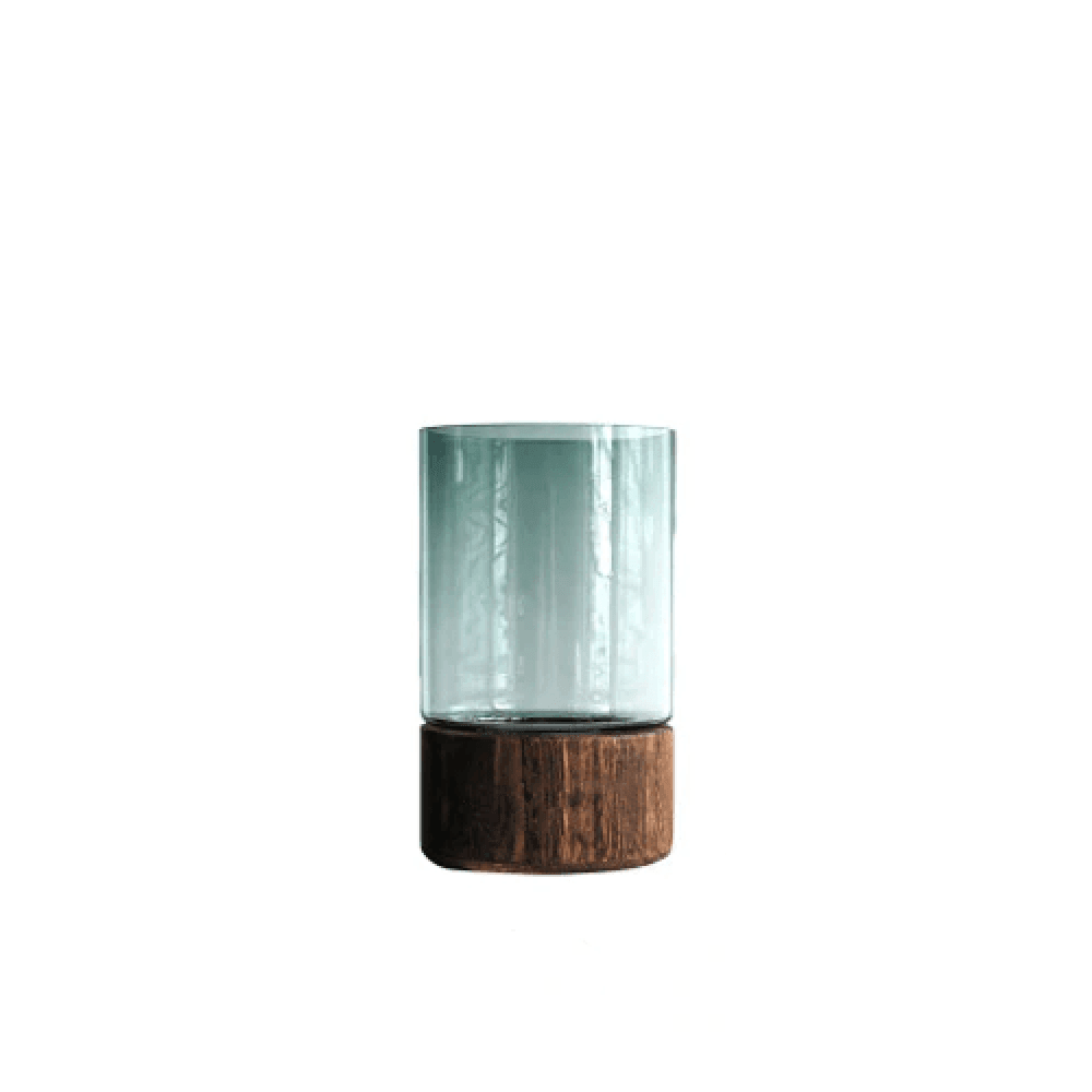 Wooden Base Glass Vase – Modern Tabletop Flower Display in Green or Clear