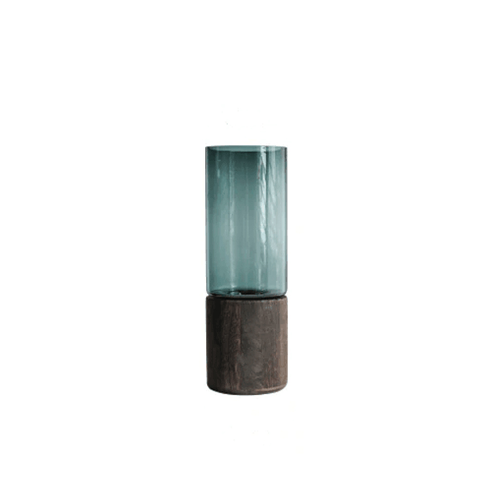 Wooden Base Glass Vase – Modern Tabletop Flower Display in Green or Clear