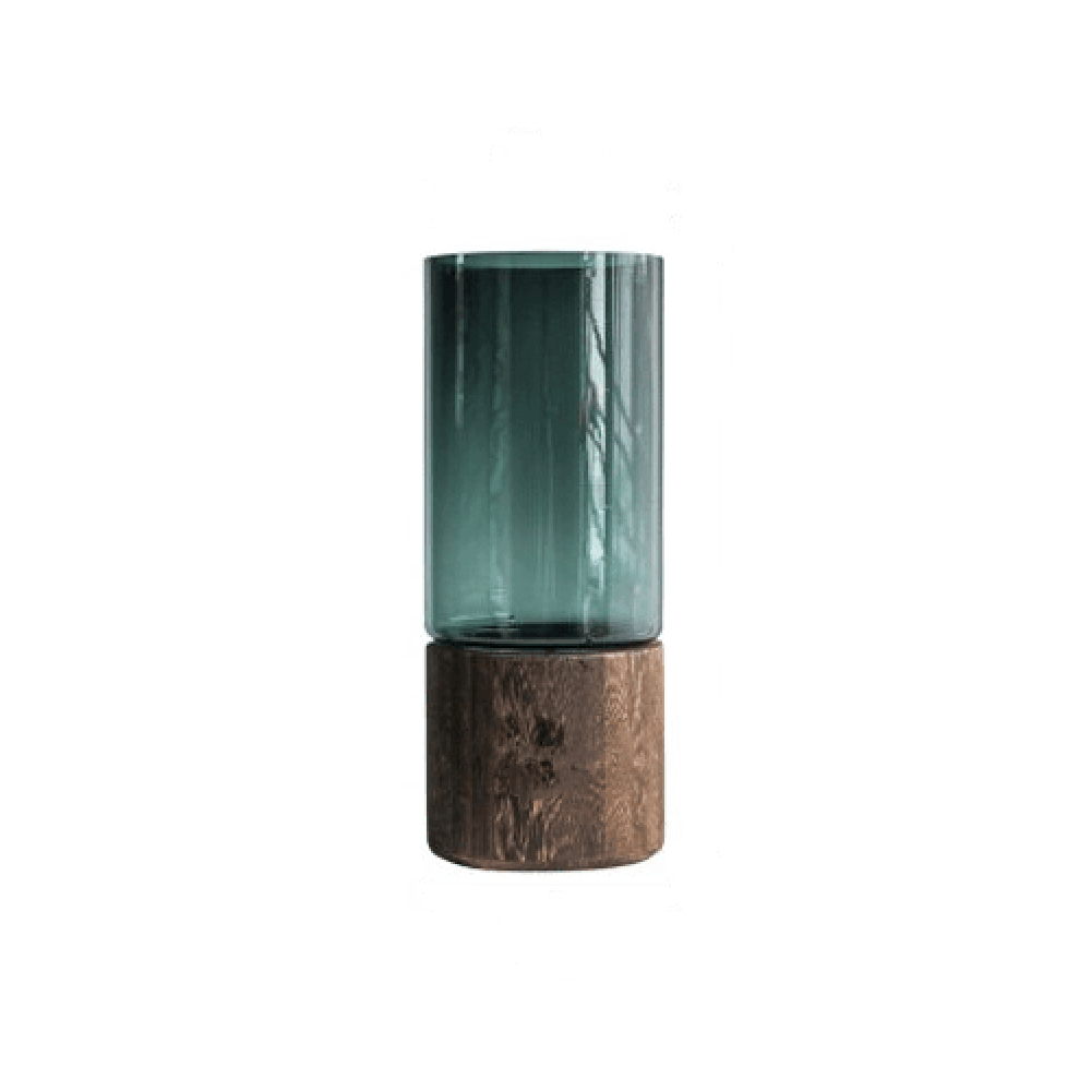 Wooden Base Glass Vase – Modern Tabletop Flower Display in Green or Clear