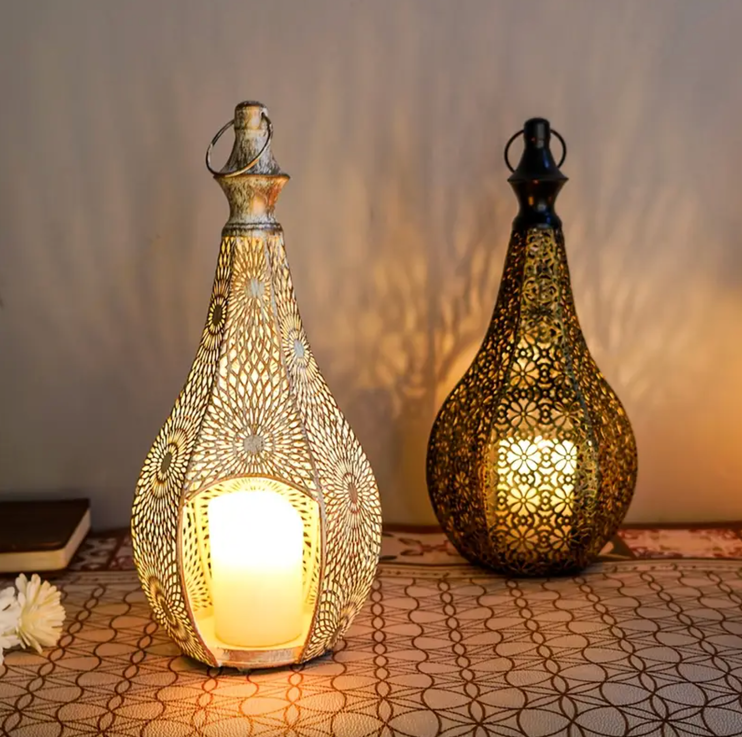 Moroccan-Inspired Vintage Metal Lantern – Ornate Cutout Candle Holder for Indoor & Outdoor