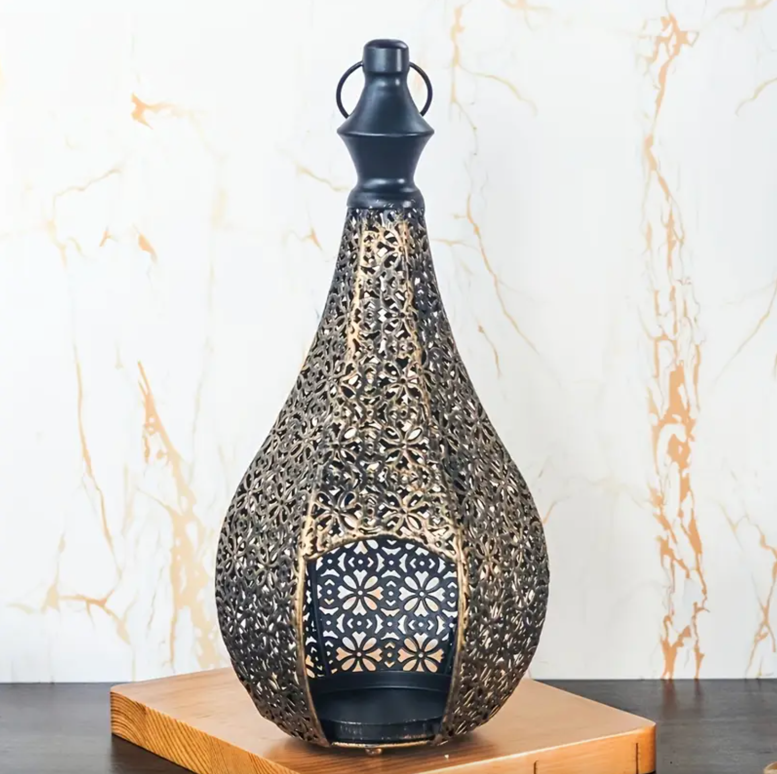 Moroccan-Inspired Vintage Metal Lantern – Ornate Cutout Candle Holder for Indoor & Outdoor