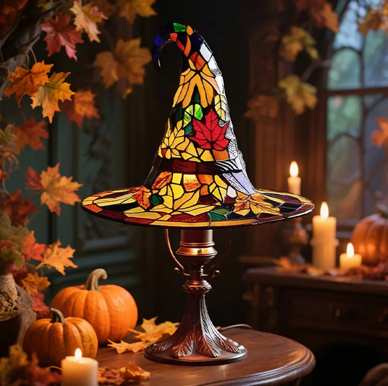 Witch Hat Stained Glass Style LED Accent Lamp – Enchanted Resin Halloween & Year-Round Decor