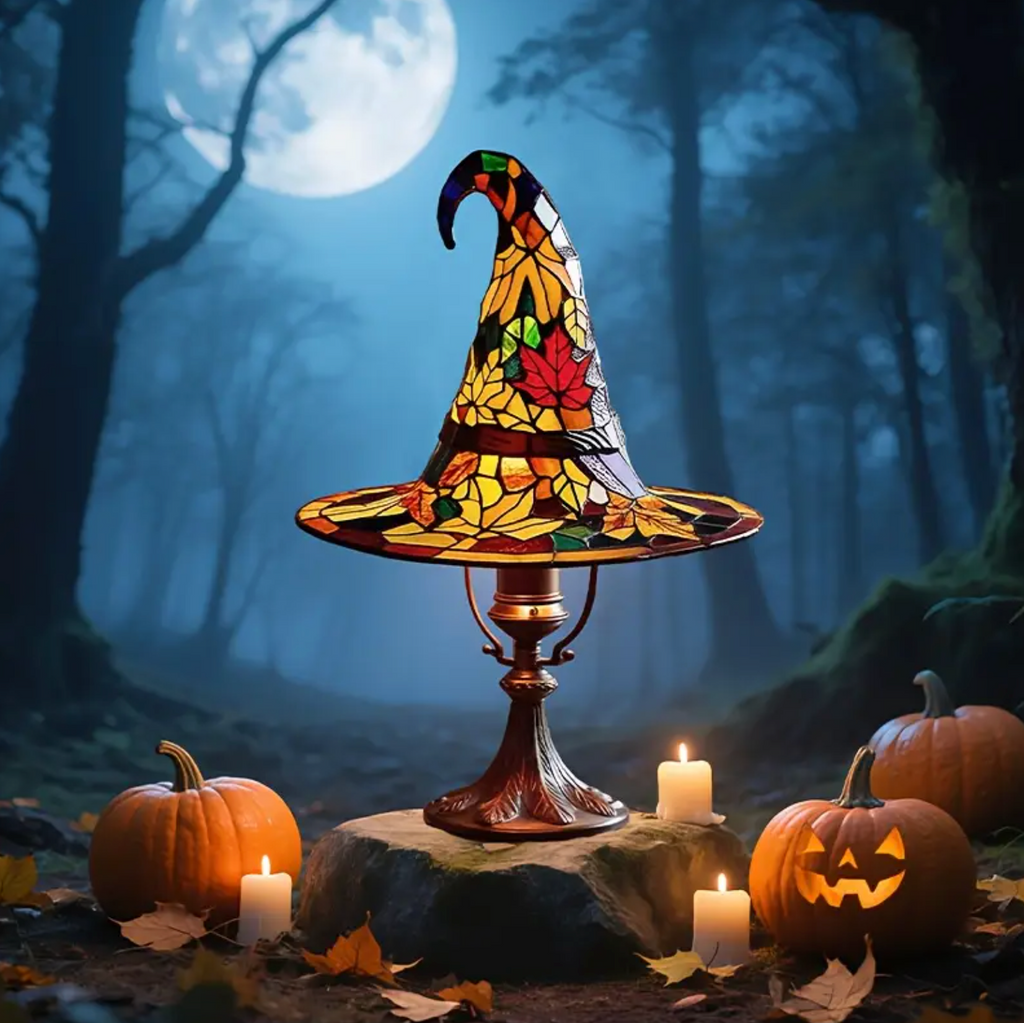 Witch Hat Stained Glass Style LED Accent Lamp – Enchanted Resin Halloween & Year-Round Decor