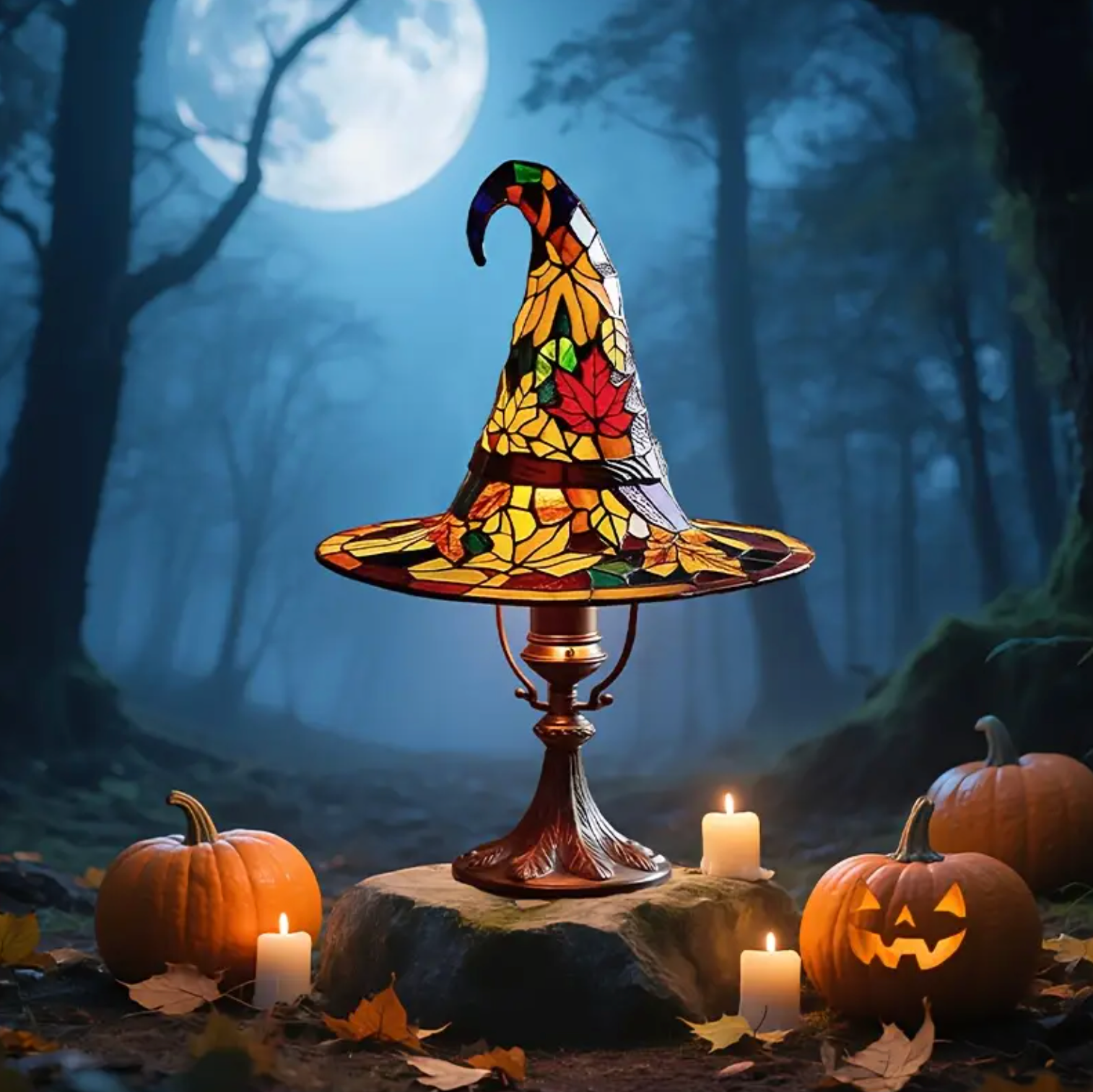 Witch Hat Stained Glass Style LED Accent Lamp – Enchanted Resin Halloween & Year-Round Decor