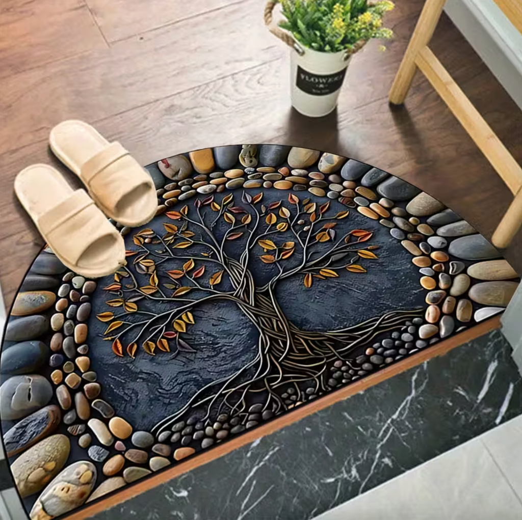 Tree of Life Decorative Floor Mat – Nature-Inspired Polyester with Non-Slip Silicone Base