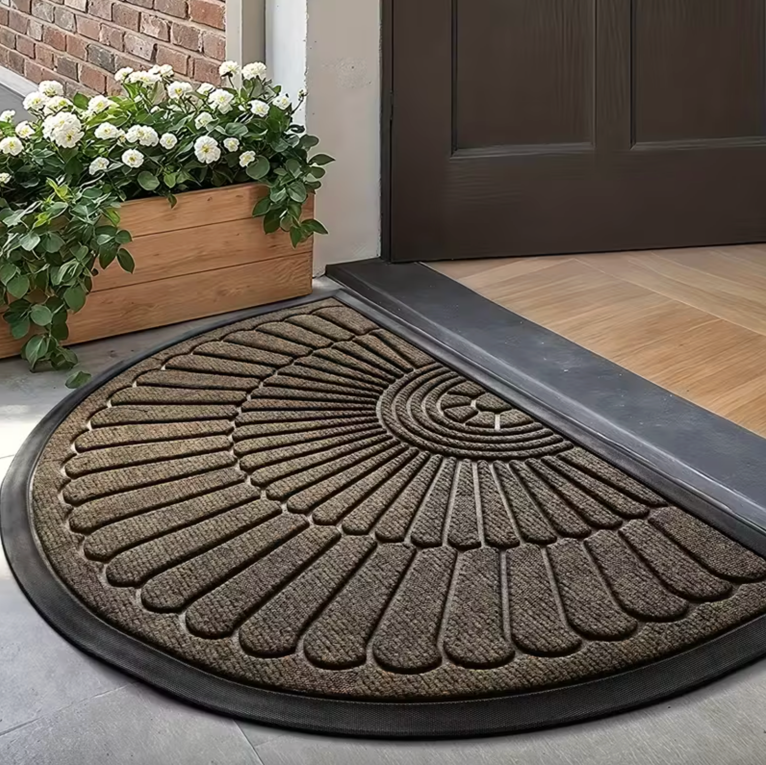 Embossed Semi-Circle Entryway Rug – Durable Polyester with Non-Slip Rubber Backing