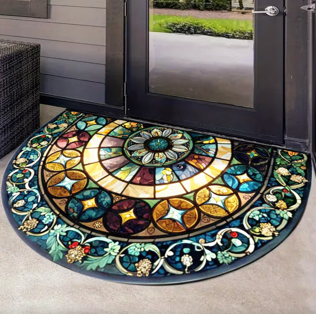 Stained Glass Semi-Circular Entrance Mat – Jewel-Toned Polyester with Non-Slip Backing