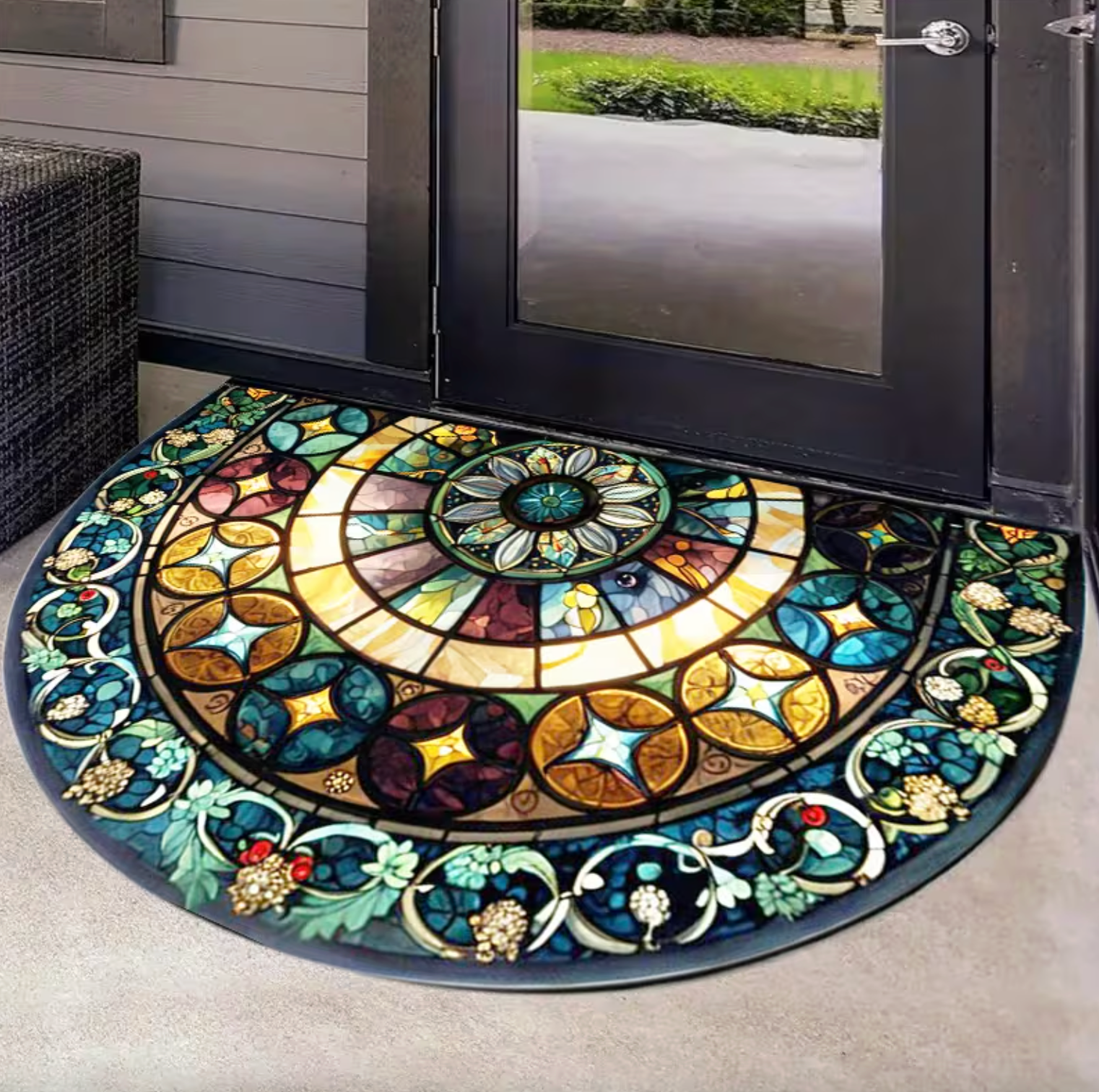 Stained Glass Semi-Circular Entrance Mat – Jewel-Toned Polyester with Non-Slip Backing