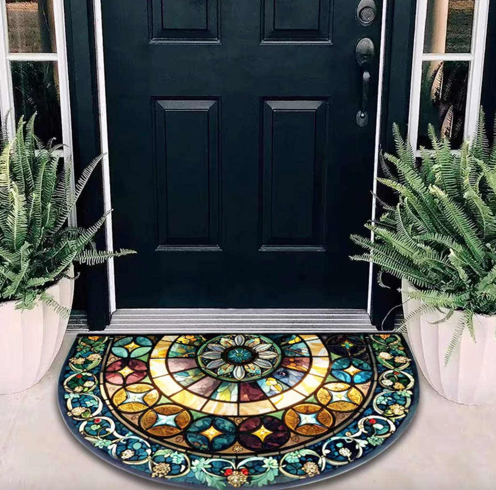 Stained Glass Semi-Circular Entrance Mat – Jewel-Toned Polyester with Non-Slip Backing