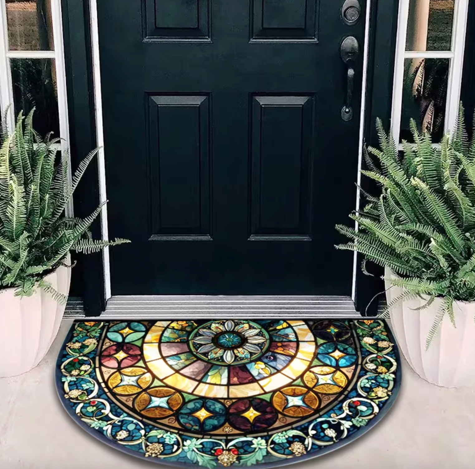 Stained Glass Semi-Circular Entrance Mat – Jewel-Toned Polyester with Non-Slip Backing