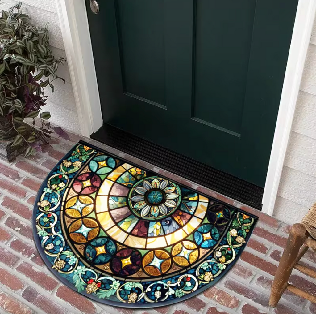 Stained Glass Semi-Circular Entrance Mat – Jewel-Toned Polyester with Non-Slip Backing