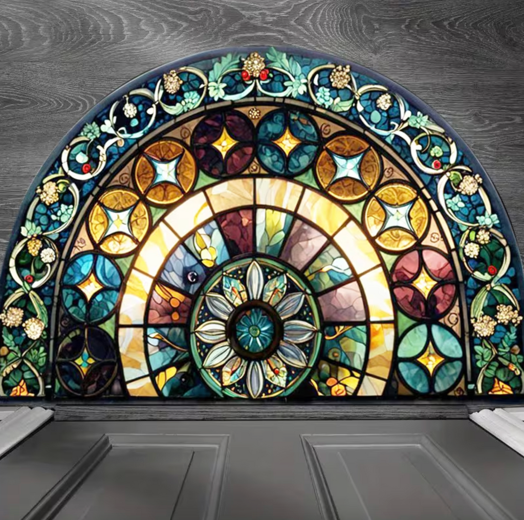 Stained Glass Semi-Circular Entrance Mat – Jewel-Toned Polyester with Non-Slip Backing