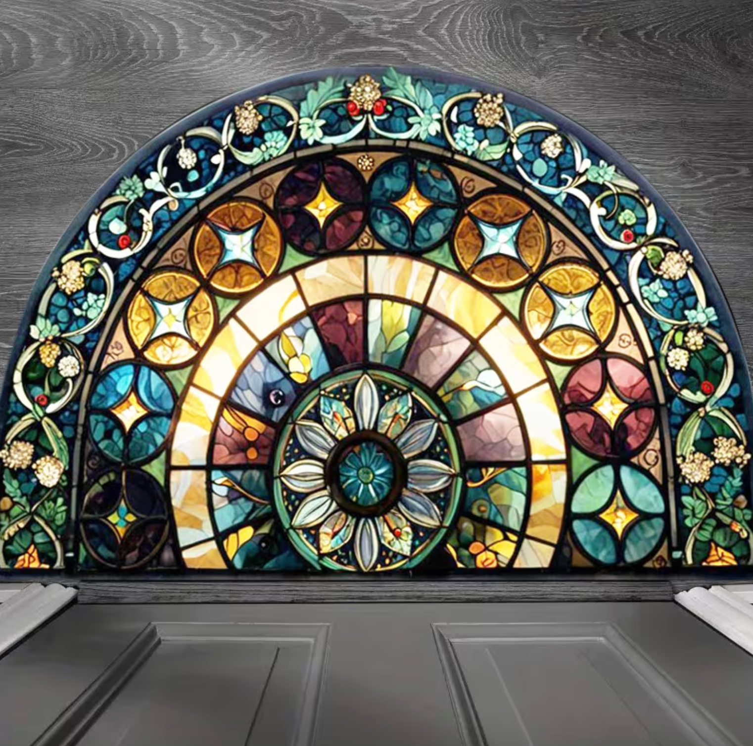 Stained Glass Semi-Circular Entrance Mat – Jewel-Toned Polyester with Non-Slip Backing