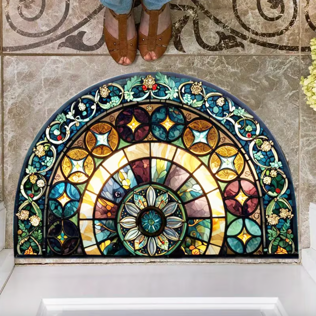 Stained Glass Semi-Circular Entrance Mat – Jewel-Toned Polyester with Non-Slip Backing
