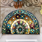Stained Glass Semi-Circular Entrance Mat – Jewel-Toned Polyester with Non-Slip Backing