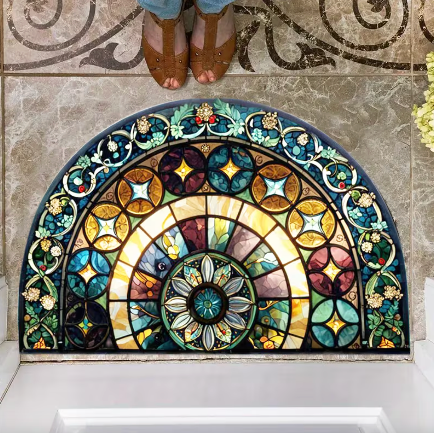 Stained Glass Semi-Circular Entrance Mat – Jewel-Toned Polyester with Non-Slip Backing