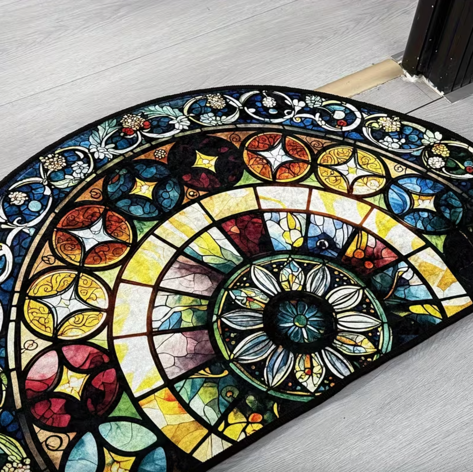 Stained Glass Semi-Circular Entrance Mat – Jewel-Toned Polyester with Non-Slip Backing