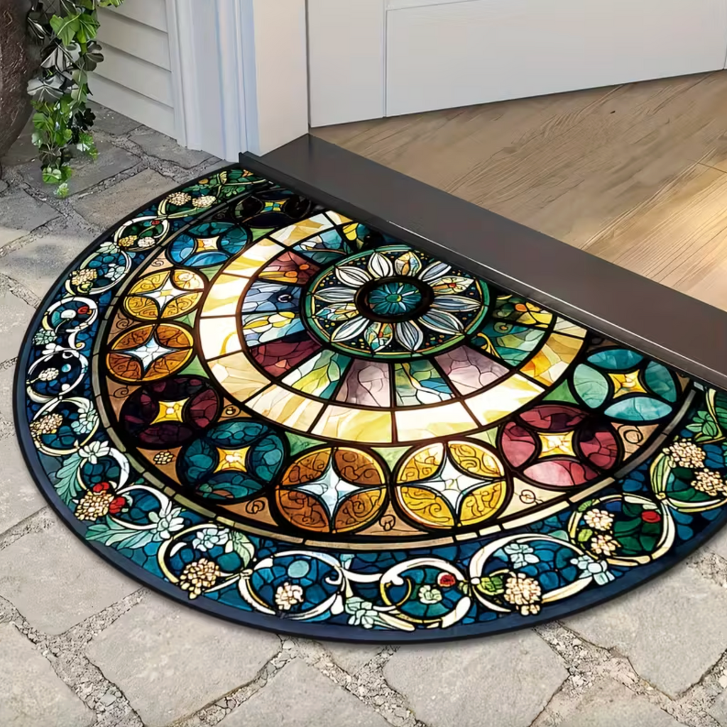 Stained Glass Semi-Circular Entrance Mat – Jewel-Toned Polyester with Non-Slip Backing