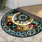 Stained Glass Semi-Circular Entrance Mat – Jewel-Toned Polyester with Non-Slip Backing