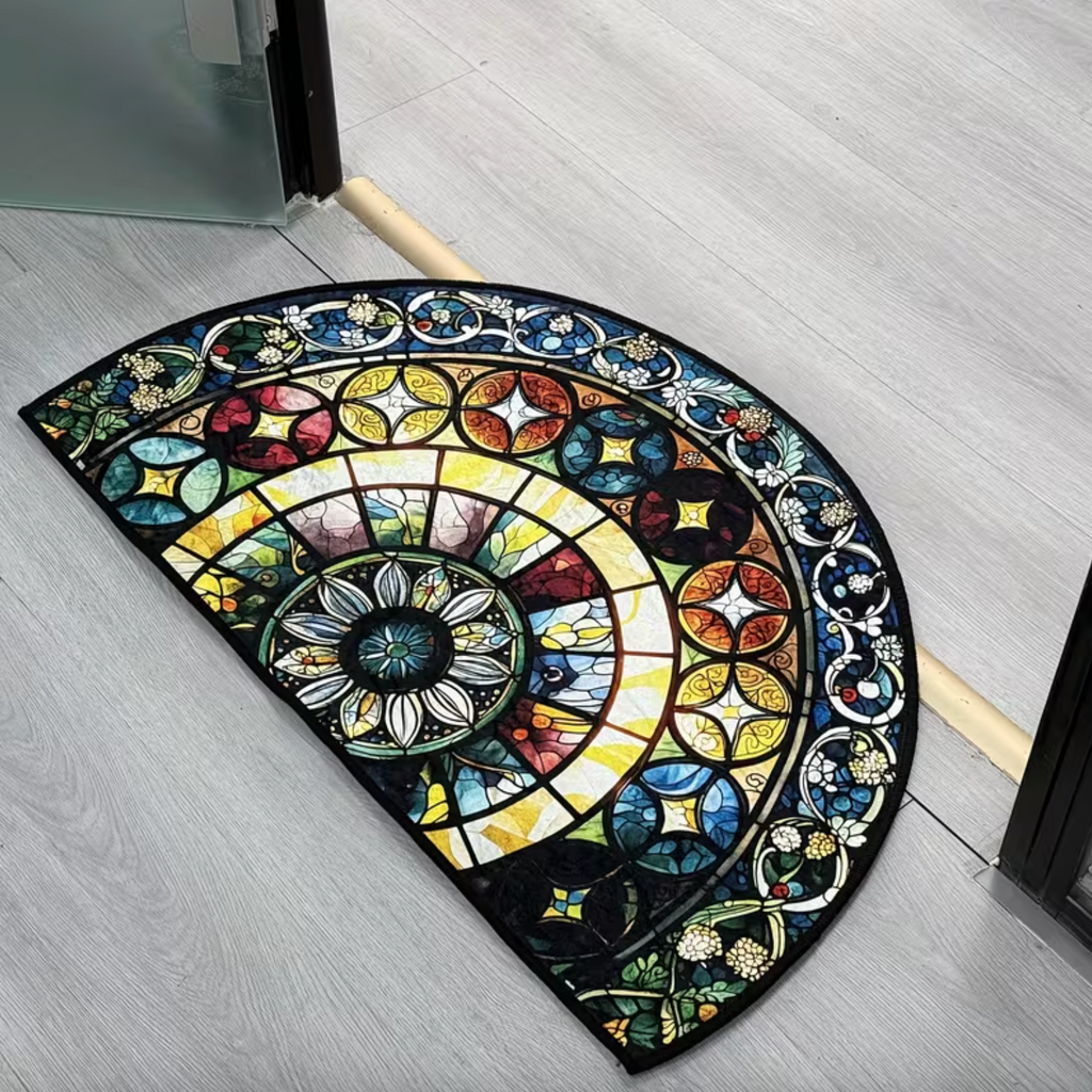 Stained Glass Semi-Circular Entrance Mat – Jewel-Toned Polyester with Non-Slip Backing