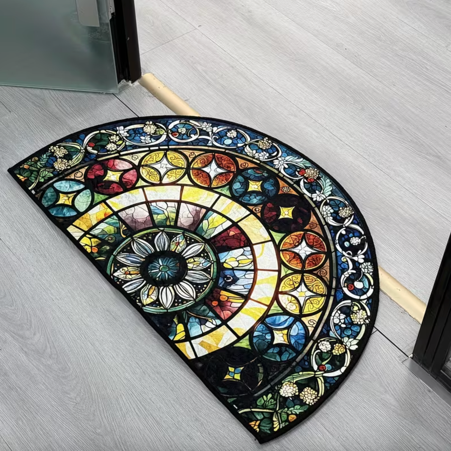 Stained Glass Semi-Circular Entrance Mat – Jewel-Toned Polyester with Non-Slip Backing