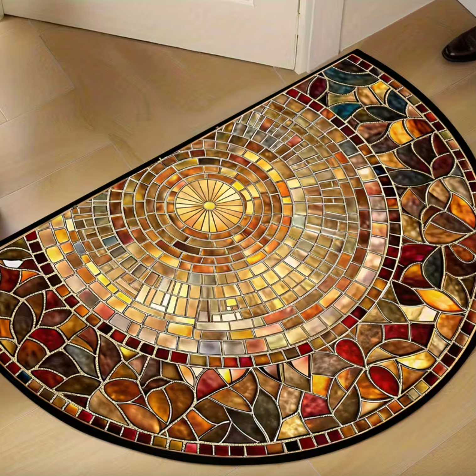 Golden Mosaic Half-Moon Doormat – Stained Glass Inspired Entryway Mat