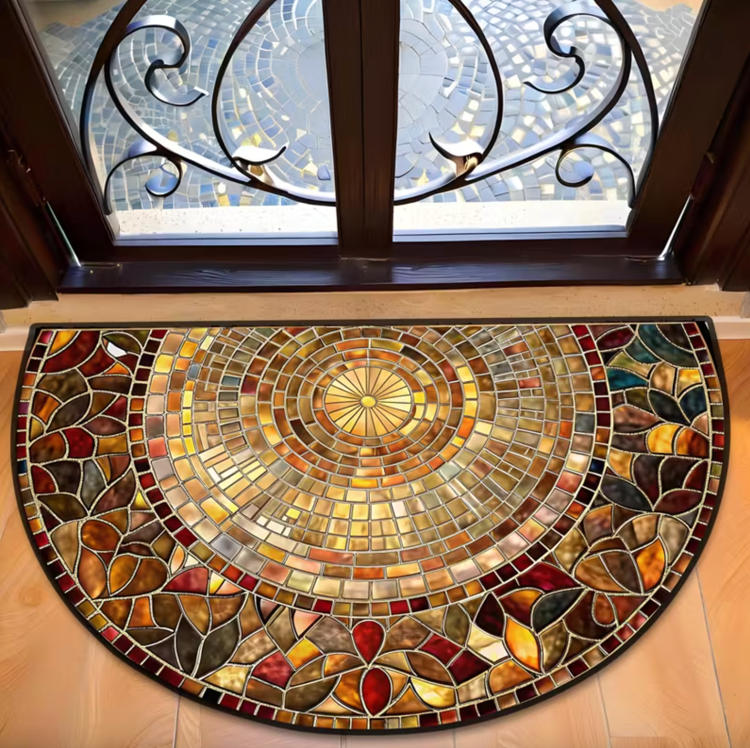 Golden Mosaic Half-Moon Doormat – Stained Glass Inspired Entryway Mat