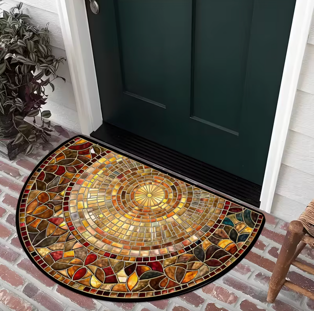 Golden Mosaic Half-Moon Doormat – Stained Glass Inspired Entryway Mat