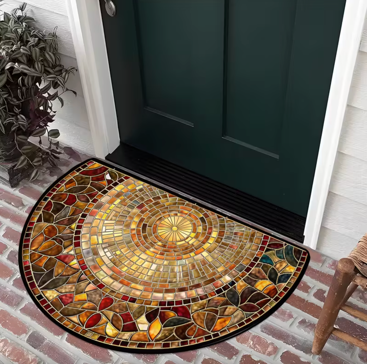 Golden Mosaic Half-Moon Doormat – Stained Glass Inspired Entryway Mat