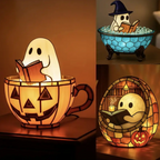 Cozy Ghost with Jack-o'-Lantern LED Lamp – Stained Glass Style Resin Halloween Decor