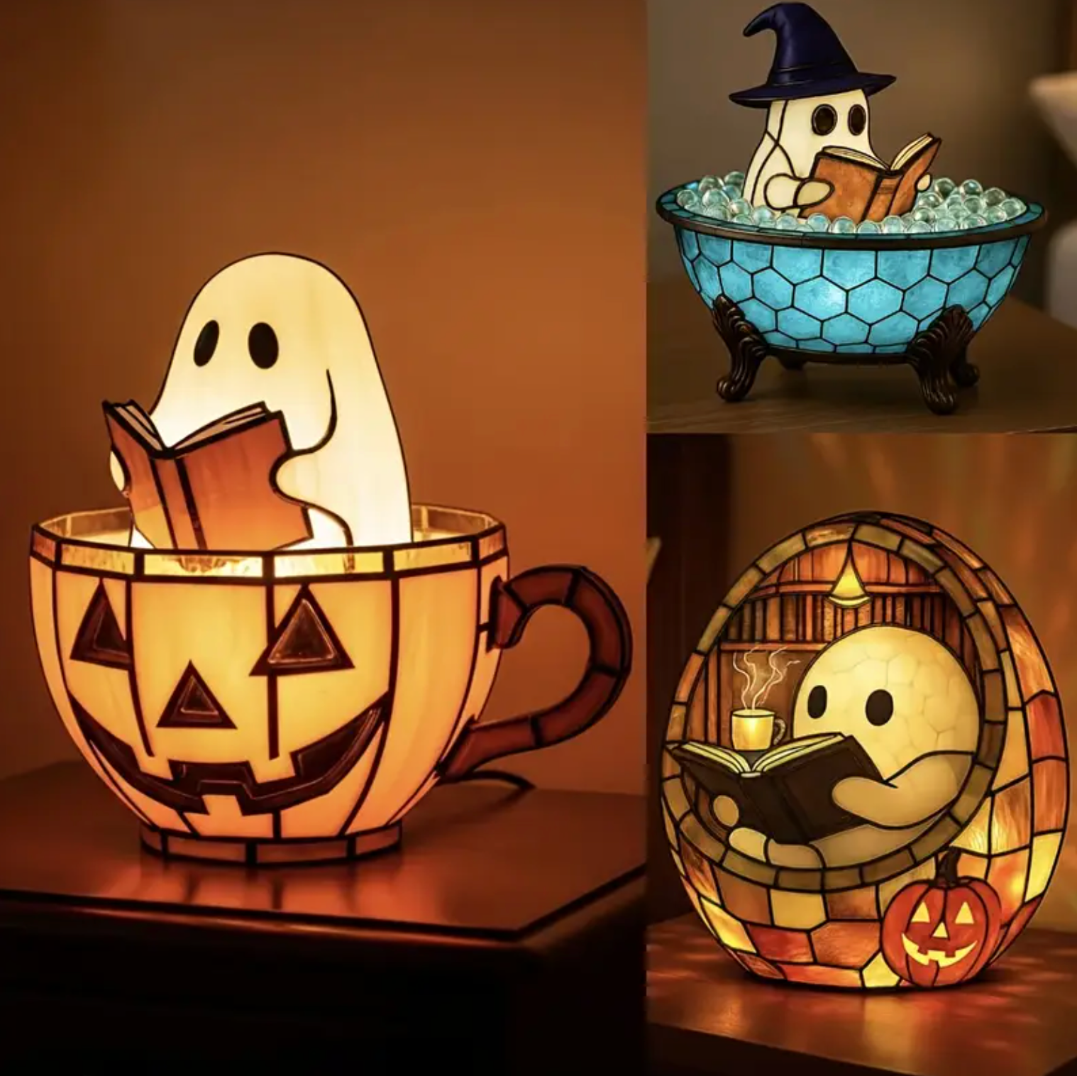 Cozy Ghost with Jack-o'-Lantern LED Lamp – Stained Glass Style Resin Halloween Decor